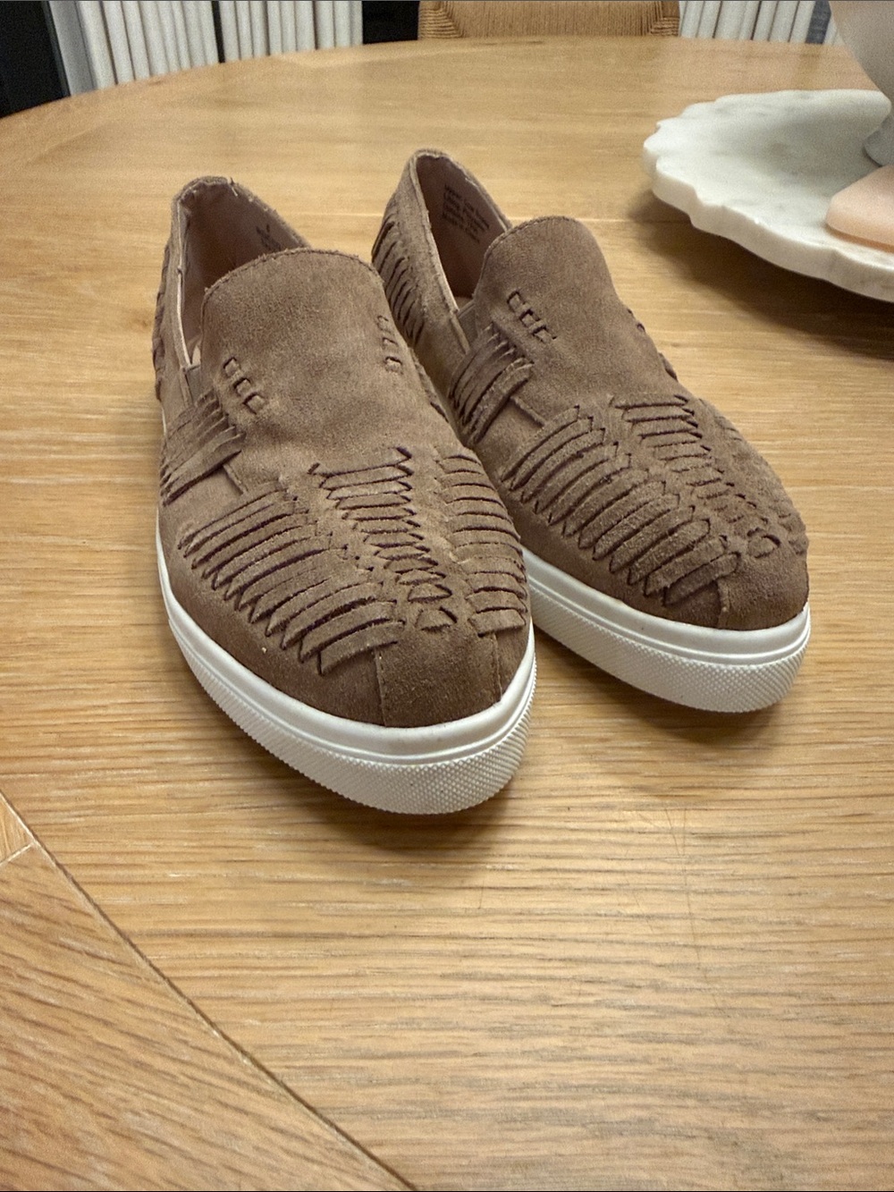Sole Society Rocco taupe suede loafers.
